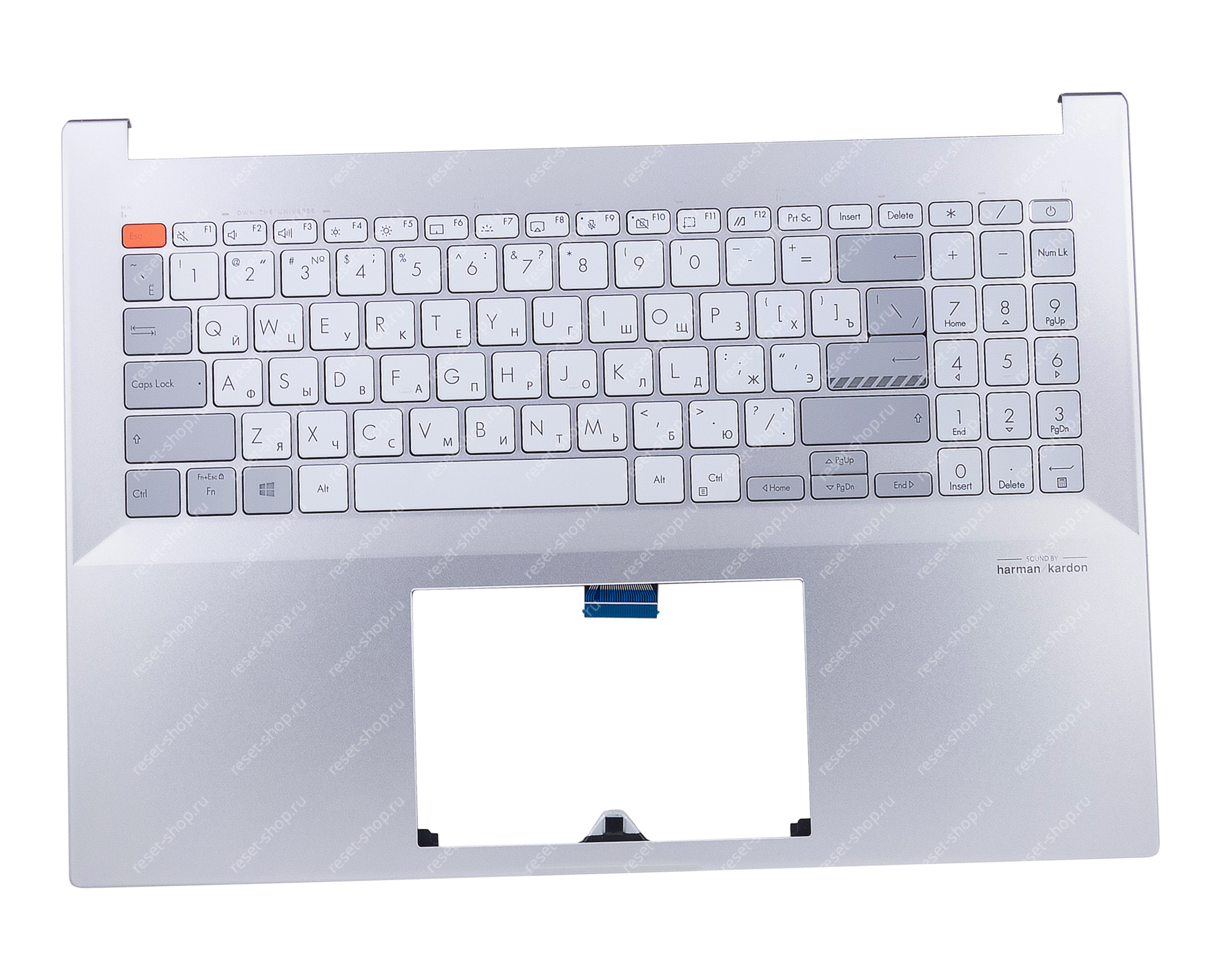 Клавиатура для ноутбука ASUS X7600PC топкейс серебристый, клавииши белые, с подсветкой